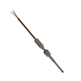 BTC-BAY copper tip bearing thermocouple featuring an adjustable spring-loaded bayonet, SS316 sheath, and armored lead wire for industrial bearing temperature monitoring.