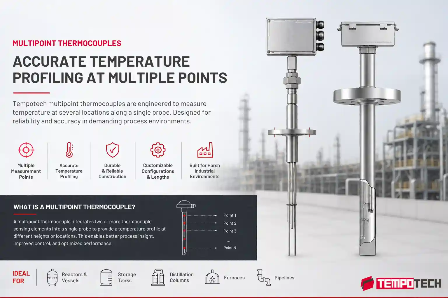 Tempotech multipoint thermocouples for temperature profiling at multiple measurement points in reactors, vessels, tanks, columns and industrial process equipment.