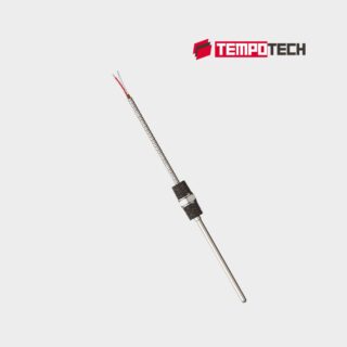 TC14 MGO thermocouple featuring an double hex threaded fitting, stainless steel sheath, and lead wire for direct immersion temperature measurement.