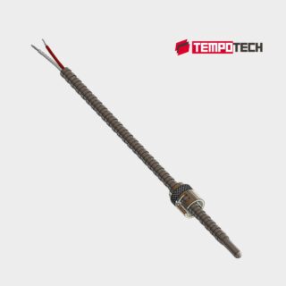 TC44 Flexible Armored Bayonet Style Thermocouple with adjustable spring-loaded bayonet cap, stainless steel armor, and lead wire for industrial surface temperature measurement.