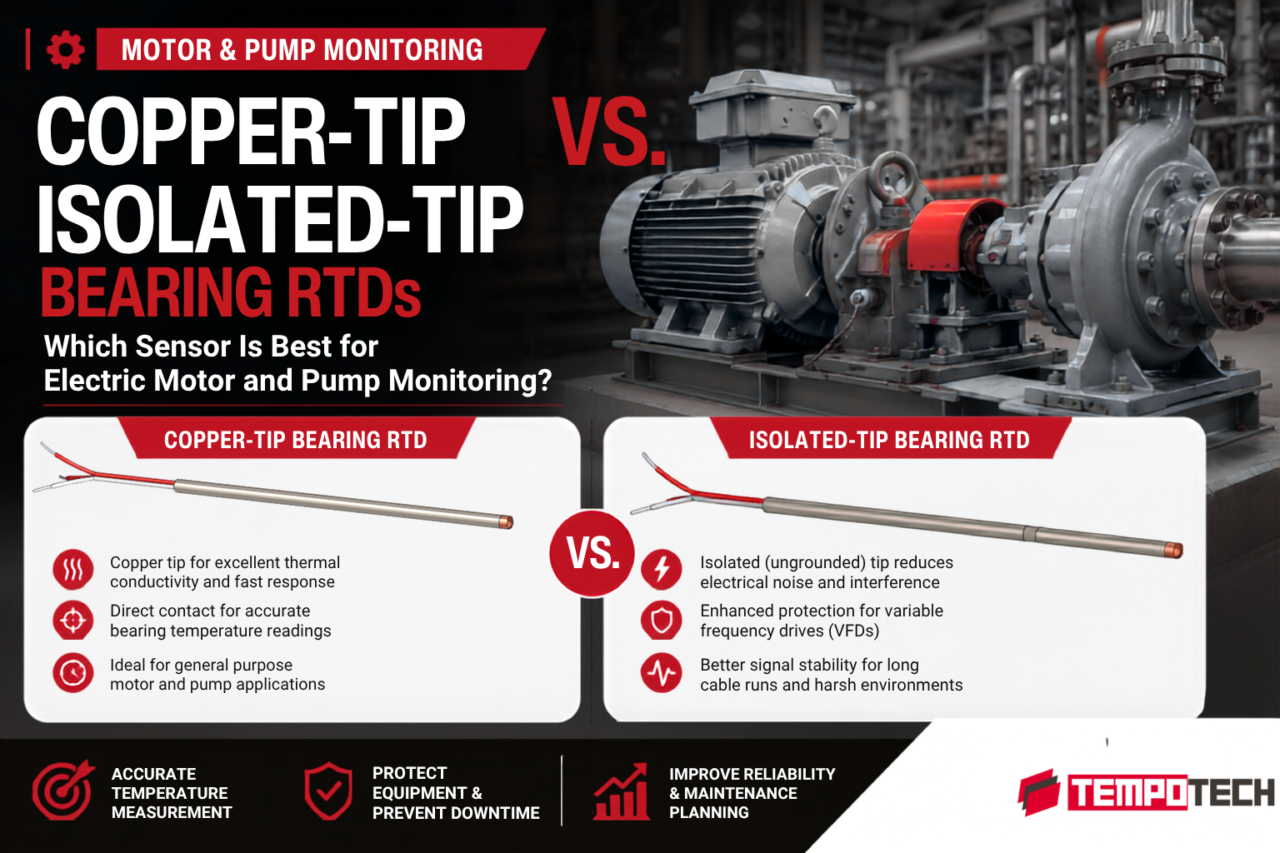 Copper Tip Bearing RTD vs. Isolated Tip Bearing RTD: Which Is Best for Motor Monitoring? 1 Copper-tip bearing RTD vs isolated-tip bearing RTD comparison for electric motor and industrial pump temperature monitoring with sensor features and applications