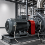 Industrial electric motor and centrifugal pump with installed bearing RTD temperature sensors for condition monitoring and predictive maintenance.