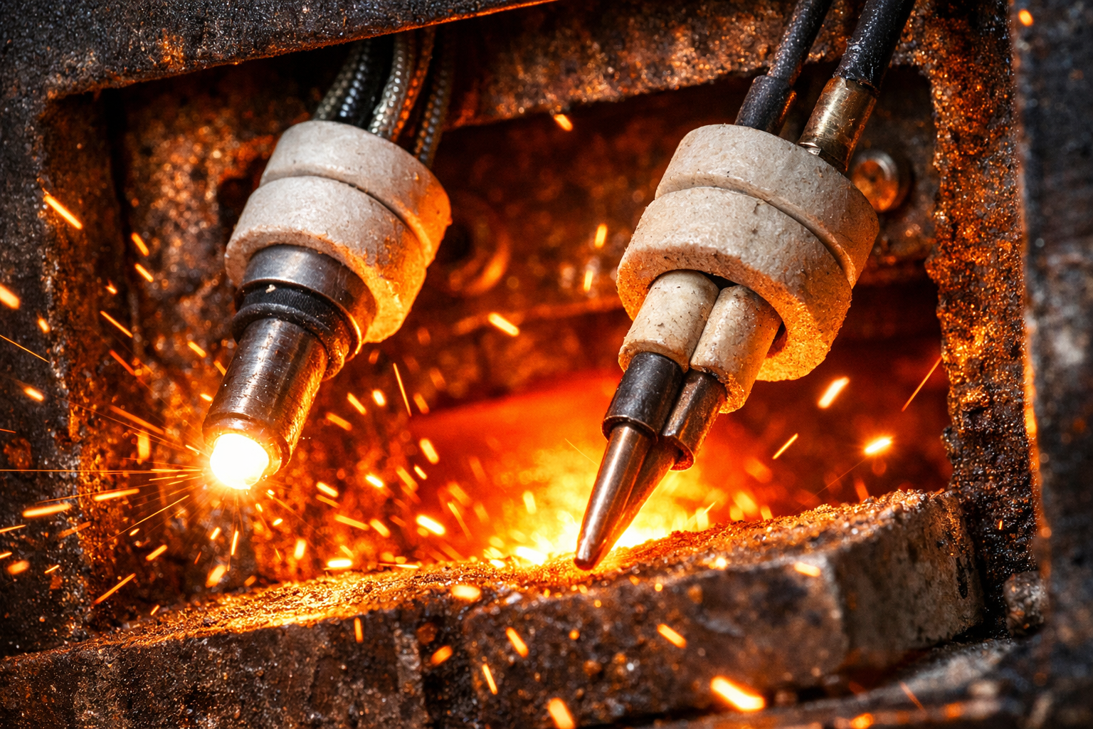 Industrial furnace with Type C and Type W thermocouples in the hot zone, high-contrast lighting