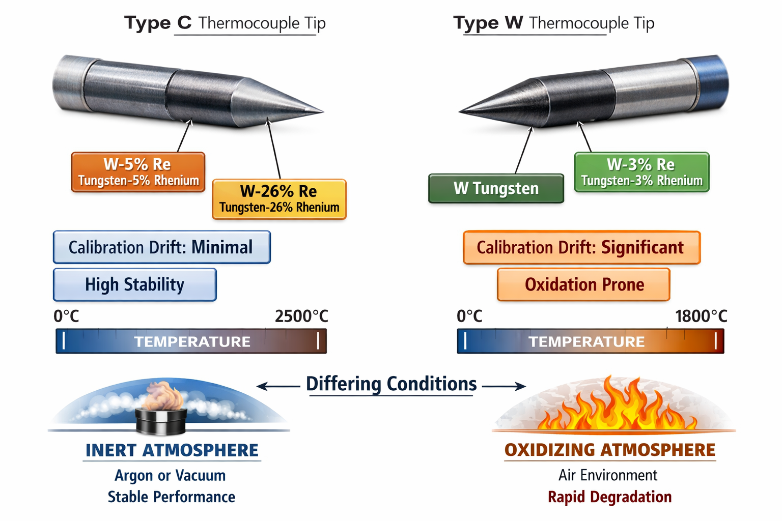 Illustrative diagram comparing Type C and Type W thermocouple tips, alloy compositions, and operating conditions