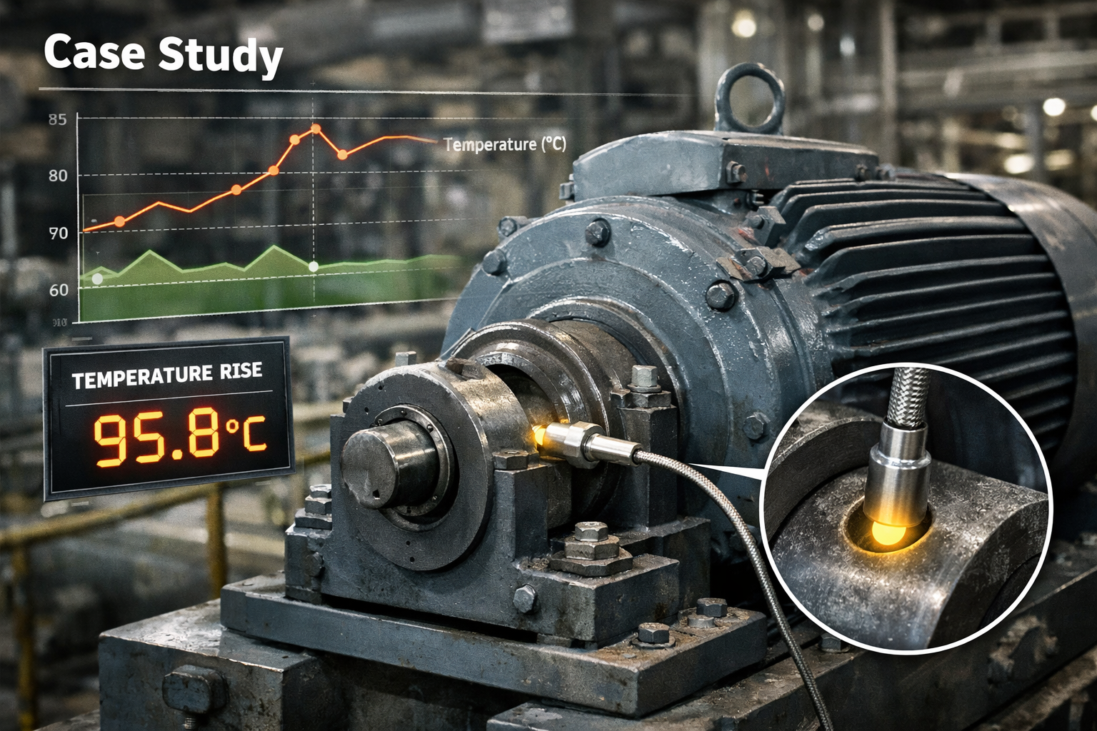 Case study header image showing a large industrial motor with temperature trend overlays and a sensor tip highlight.