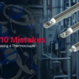 Top 10 mistakes when choosing a thermocouple, featuring industrial thermocouple sensors and temperature probes against a process plant background.