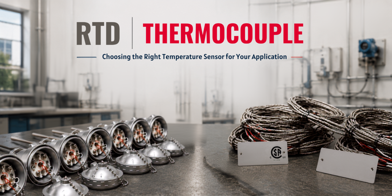RTD vs Thermocouple: Which Temperature Sensor Is Right for You? 1 RTD vs Thermocouple comparison featuring industrial RTD sensors and thermocouple assemblies, highlighting the differences between accuracy, temperature range, response time, and typical industrial applications.